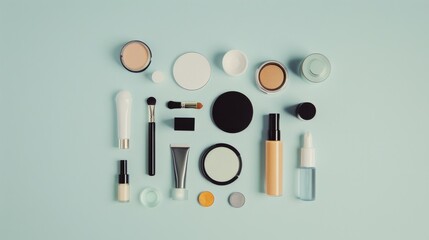 An arrangement of cosmetics and beauty products neatly displayed on a pastel blue background, radiating elegance, care, and a focus on beauty essentials.