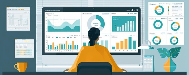 Marketing automation, software dashboard overview, flat design illustration