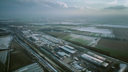 Aerial view of an expansive industrial complex surrounded by snow-dusted fields and roads, showcasing a blend of natural and man-made landscapes.