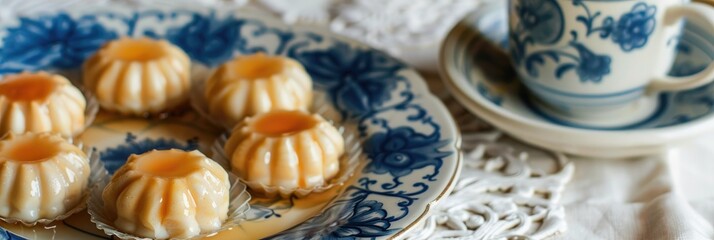 Canvas Print - Close-up of delightful traditional Portuguese desserts featuring egg cream served on a decorative plate alongside a tea cup on a table.