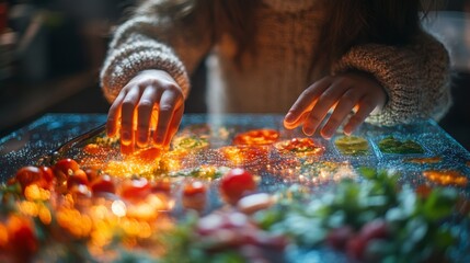 A child joyfully interacts with vibrant vegetables on a table, creating a lively atmosphere during a cozy evening.