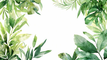 Wall Mural - Aesthetic watercolor frame with green tropical leaves, copy space, light background, foliage template. Generative AI