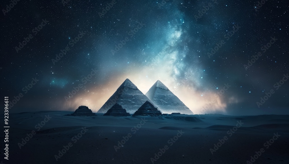 The pyramids of Giza are lit up by the moon and stars, creating a ...