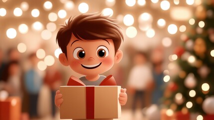 Wall Mural - Joyful illustration of a young boy holding a present amidst a festive scene with Christmas lights in the background. Reflects happiness, celebration, and holiday spirit.