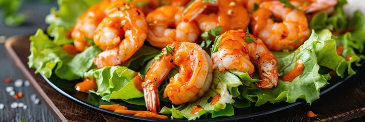 Canvas Print - Spicy shrimp served with tangy buffalo sauce and fresh lettuce