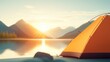 © Design Depot - An orange tent is pitched on the shore, with a breathtaking view of the lake and setting sun against the silhouettes of distant mountains, capturing a tranquil and serene moment.