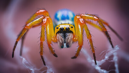 Sticker - A close up of a spider with bright colors and orange eyes, AI