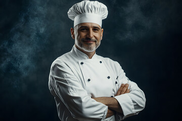 Wall Mural - Portrait of Young handsome chef in white outfit with crossed arms looking at camera