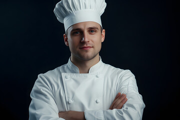 Wall Mural - Portrait of Young handsome chef in white outfit with crossed arms looking at camera