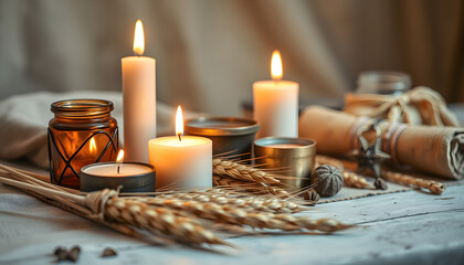 burning candles, witchcraft items, wheat ears close up table. wiccan Witchcraft, magic Esoteric Ritual for Lammas, Lughnasadh. energy healing spiritual practice isolated with white highlights, png