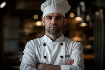 Wall Mural - Portrait of Young handsome chef in white outfit with crossed arms looking at camera