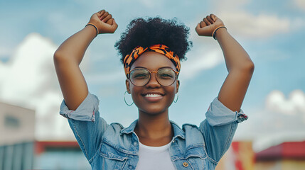 Smiling Woman with Raised Arms in Denim
