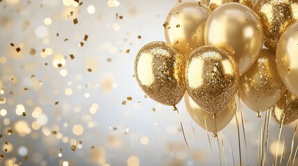 Wall Mural - Festive background with gold balloons and scattered golden confetti. background for a festive birthday celebration. Generative ai