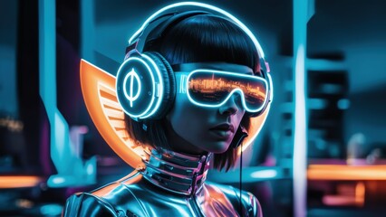 Wall Mural - A woman wearing headphones and a neon suit with glowing eyes, AI