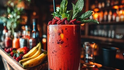 Wall Mural - A glass of red juice with a green leaf on top sits on a bar. The bar is filled with various drinks and fruits, including bananas and strawberries. The atmosphere is lively and inviting