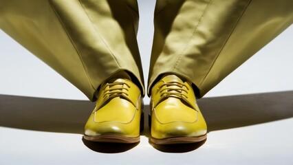 Canvas Print - A person wearing yellow shoes and pants with a white background, AI