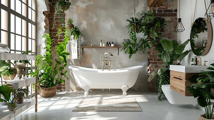 Wall Mural - Bathroom interior with bathtub and plants