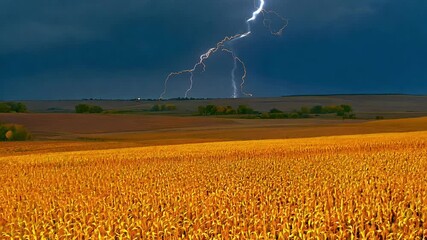 Wall Mural - a field of corn is lit up by a lightning bolt. the sky is dark and stormy