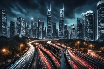 Cityscape at Night with Futuristic Skyscrapers and Busy Highways