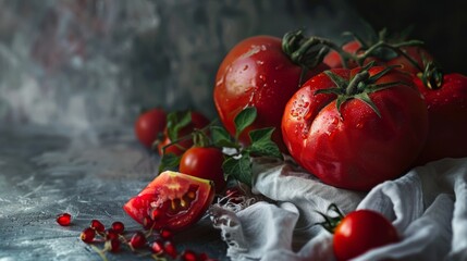 Wall Mural - Fresh tomatoes with water droplets in a dark rustic setting