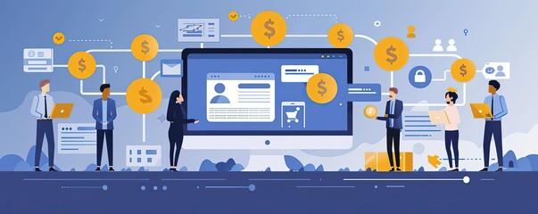Affiliate marketing, network and commission, flat design illustration