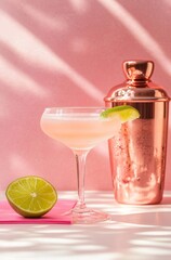 Elegant pink margarita cocktail with lime and copper shaker