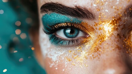 A close-up shot displaying vibrant eye makeup with shimmering gold and blue sparkles. The image captures the intricate detail and vibrant colors of the makeup design around the eye.