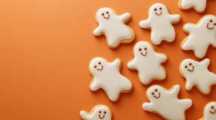 Whimsical Halloween ghost cookies with delicate royal icing on vibrant orange background