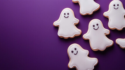 Wall Mural - Whimsical Halloween ghost cookies with delicate royal icing on deep purple background