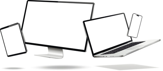 Flying computer display, laptop, tablet, phone mock up with white screen