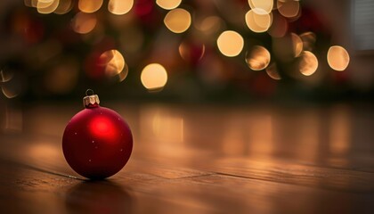 Red Christmas ornament resting on wooden floor with blurred tree lights in the background