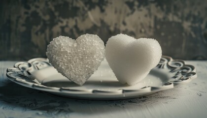 two decorative heart-shaped sugar sculptures on a vintage plate