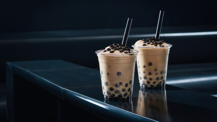 Wall Mural - Two cups of iced coffee with chocolate chips on a table, AI