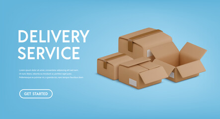 Realistic 3d delivery service banner template. Vector cartoon 3d boxes pile and text on blue background. Stack of opened and closed cardboard parcels illustration. Warehouse, transportation concept.