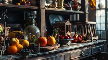 Wall Mural - Vintage fruit display in a cozy rustic kitchen setting