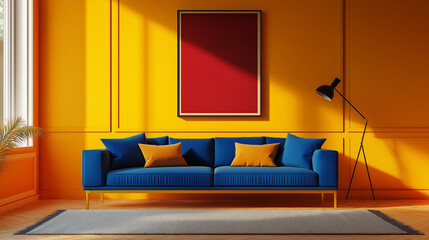 Wall Mural - modern living room, A living room with colors, such as a deep blue sofa against mustard yellow walls, paired with modern art and unique lighting, creating an energetic and lively