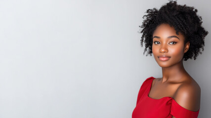 Wall Mural - Afro woman wearing red silk dress isolated on gray background