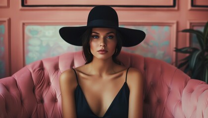 Woman in a black hat poses elegantly on a pink velvet couch in a stylish indoor setting