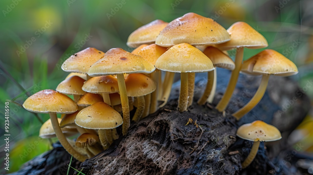 Dense cluster of yellow mushrooms growing on tree stump Forest floor ...