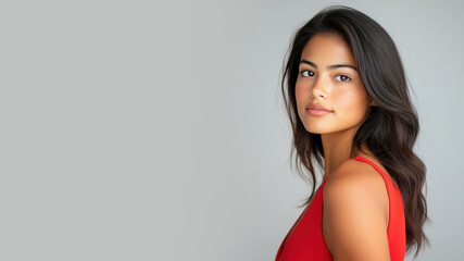 Poster - Hispanic woman wearing red silk dress isolated on gray background