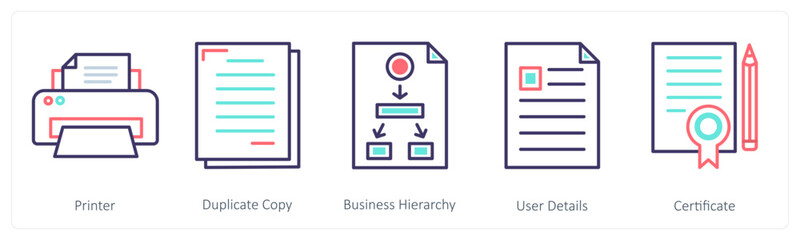 Sticker - A set of 5 Business icons as printer, duplicate copy, buisness hierarchy