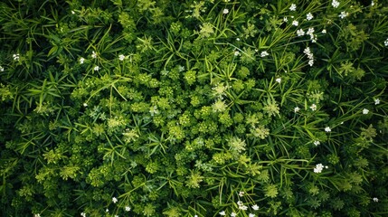 A dense cluster of green parsley with tiny white flowers viewed from above, showcasing lush, vibrant foliage in a natural, organic pattern.