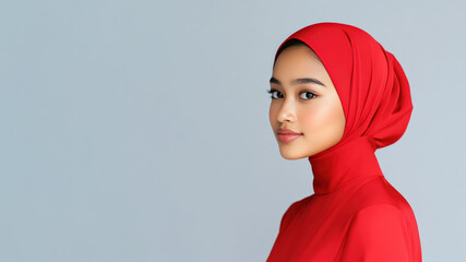 Malay woman wearing red silk dress isolated on gray background