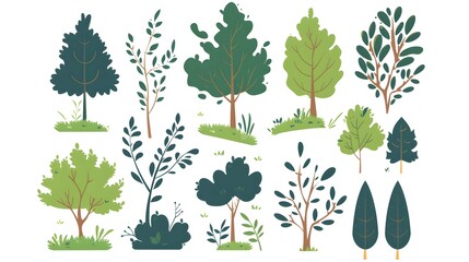 Wall Mural - Simple trees bushes. Cartoon forest plants with foliage, minimal flat shrub botanical garden nature elements. Vector set 