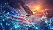 © Arthena - Bald eagle soaring with American flag and network lines at sunset.