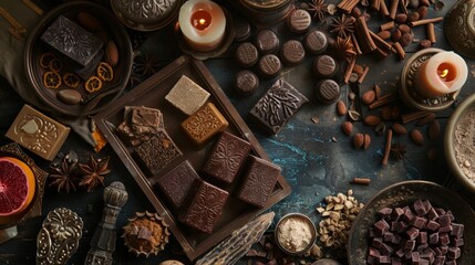 Wall Mural - Artisan chocolate bars and ingredients in a rustic arrangement