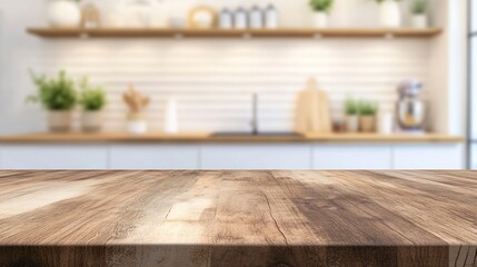 Empty wooden table top in front of a blurred background, showcasing a stylish office meeting area, ideal for business presentations. Generative ai