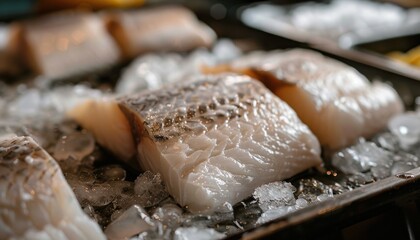 Fresh fish fillets displayed on ice at a seafood market during early morning hours