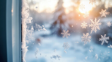 Close-up of snowflakes on a windowpane, with a snowy landscape in the background.