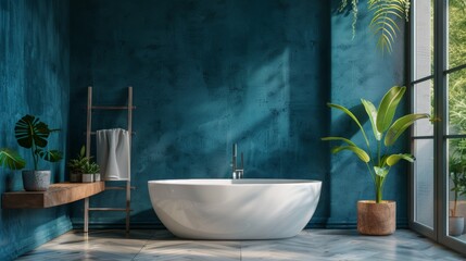 Wall Mural - Modern bathroom with freestanding bathtub and tropical plants